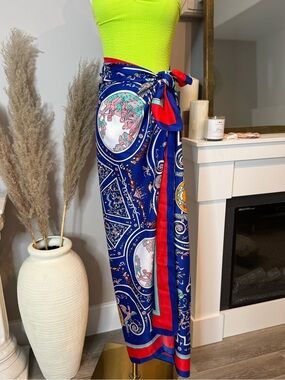 Blue & Red Printed Silk-Feel Sarong Wrap